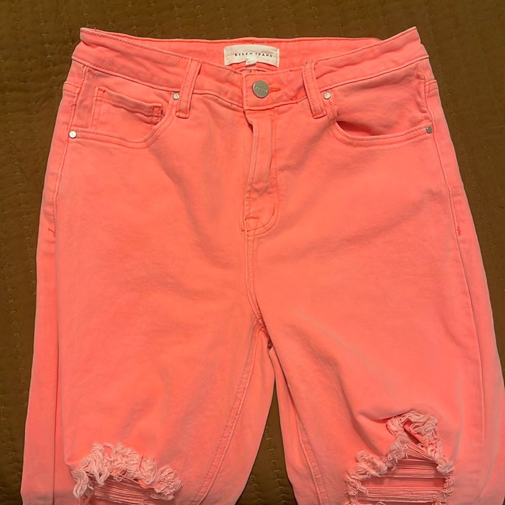 Hit pink distressed cropped denim